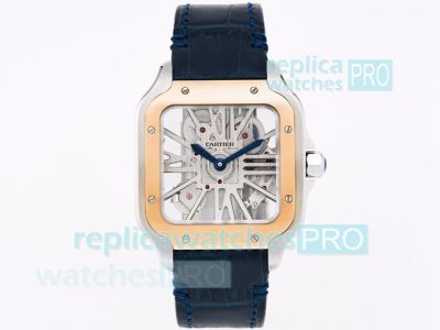 TW Factory Replica Santos De Cartier Skeleton Watch 2-Tone Blue Leather Strap